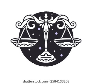 Circle avatar of contour Libra zodiac sign. Outline horoscope symbol in round icon. Stars constellation with scales shape. Astrology calendar. Flat isolated vector illustration on white background