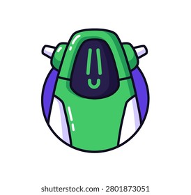 Circle avatar of cute robot with positive emotions. Round portrait of happy cyborg. Smile face of computer character. Icon of joyful AI assistant. Flat isolated vector illustration on white background