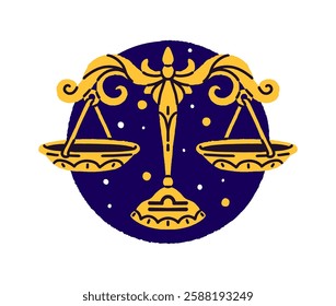 Circle avatar of Libra zodiac sign. Stars' horoscope in round icon. Symbol of constellation with scales shape. Astrology calendar, month of birth. Flat isolated vector illustration on white background