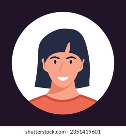 Circle the avatar with the portrait women of various races and hairstyles. Collection of user profiles. Round icon with happy smiling human. Colorful flat vector illustration.