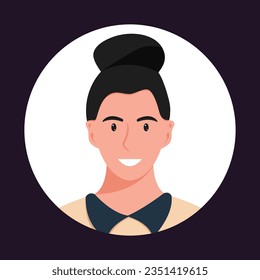 Circle the avatar with the portrait women of various races and hairstyles. Collection of user profiles. Round icon with happy smiling human. Colorful flat vector illustration.