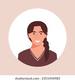 Circle the avatar with the portrait women of various races and hairstyles. Collection of user profiles. Round icon with happy smiling human. Colorful flat vector illustration.