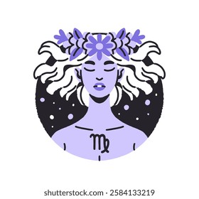 Circle avatar of Virgo zodiac sign. Horoscope symbol, constellation of woman in astrology calendar. Round shape icon with esoteric star element. Flat isolated vector illustration on white background