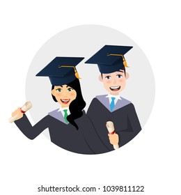 Circle avatar with young graduate man and woman with certificate or diploma scroll. Cartoon charcters illustration