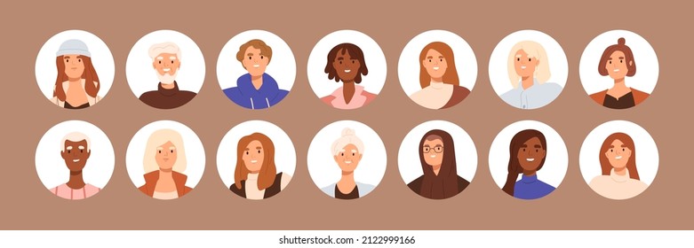 Circle avatars of different people. Head portraits set. Diverse men and women faces. Round user profiles of various race, age. Young and old characters collection. Isolated flat vector illustrations