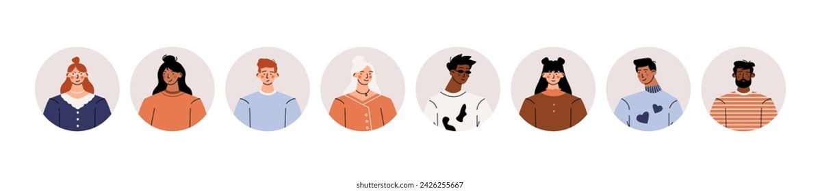 Circle avatars with people faces. Cartoon round user profile pictures of diverse men and women, trendy human head icons for social media web design. Vector flat set