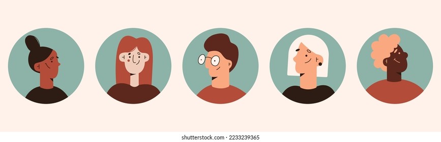 Circle the avatars with the people faces.Portraits men and women of different races.set of user profiles. Vector flat