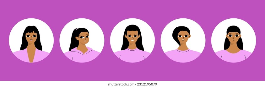 Circle avatars with young black woman's faces. Different smiling girls in a round frame. Flat vector illustration in cartoon style

