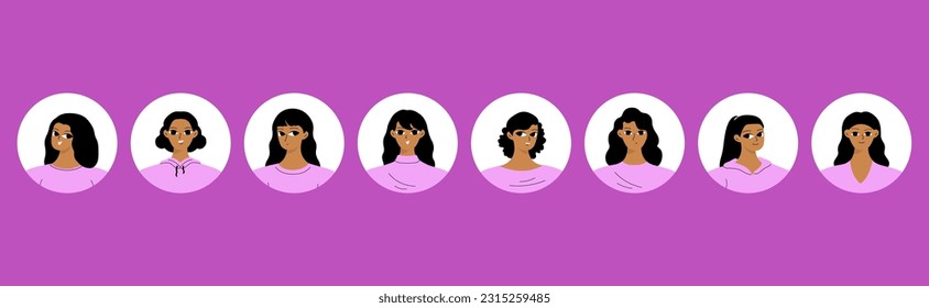 Circle avatars with young black woman's faces. Different smiling girls in a round frame. Flat vector illustration in cartoon style
