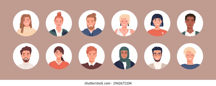 Circle avatars with young people's faces. Portraits of diverse men and women of different races. Set of user profiles. Round icons with happy smiling humans. Colored flat vector illustration - Shutterstock ID 1962671104
