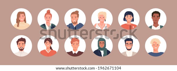 Circle avatars with young people\'s faces.\
Portraits of diverse men and women of different races. Set of user\
profiles. Round icons with happy smiling humans. Colored flat\
vector illustration