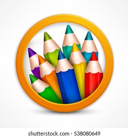 Circle award emblem with wooden pencil on white. Creative drawing logo. Vector illustration