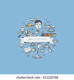 Circle background with baby boy toys - vector illustration. Perfect for cards, invitations, party, banners, kindergarten, preschool and children room decoration.