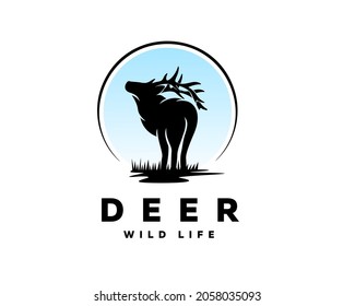 circle background black elk deer silhouette back view logo template illustration