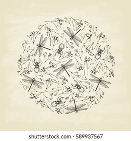 Circle background with  dragonfly's, beetles stags  and flowers.
Seamless Pattern. Background. Vector illustration.