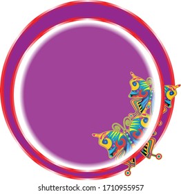 Circle background or frame with butterfly. Purple and red background.