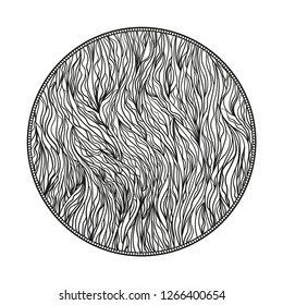 Circle background. Hand drawn waves. Stripe abstract texture with many lines. Waved pattern. Black and white illustration for banners, flyers or posters
