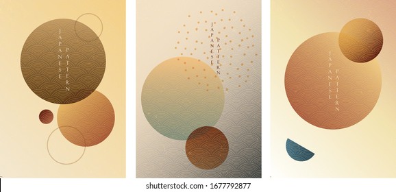 Circle background with Japanese wave pattern vector. Geometric template in vintage style.