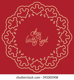 Circle background line border frame with rich golden lace contour isolated on red  fond. Space for text can be used for invitations, promotional poster or greeting cards. Vector illustration eps