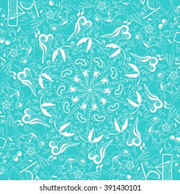 Circle background with many details. Set of design elements on the subject of travel and tourism. Hand-drawn silhouettes. Beach vacation in the tropics.