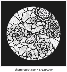 Circle background. Ornamental decorative drawing. Vector artwork. Black and white illustration. Summer flower ornament. Round lace design. Floral mandala. Hand drawn Zentangle. Doodle element.  