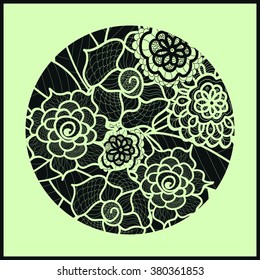 Circle background. Ornamental decorative drawing. Vector artwork. Black and green illustration. Summer flower ornament. Round lace design. Floral mandala. Hand drawn Zentangle. Doodle element.  
