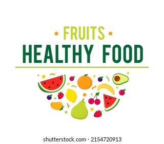 circle background or pattern of fruits. Fruit frame with text fruits healthy food.  Summer fruit. vector illustration in flat style isolated. 