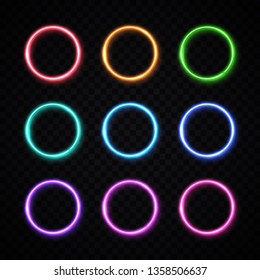 Circle background. Round frames collection. Colorful glowing circle logo set on transparent background. Neon banners design for internet web usage flyer poster placard. Bright neon vector illustration