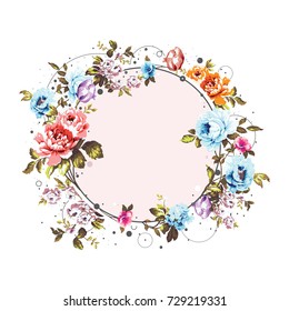 Circle background with shabby vintage floral decorations, pretty design element for cards, covers, invitations etc.