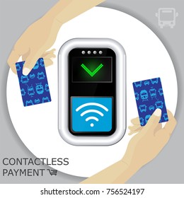 Circle background and Terminal  with hands and transport ticket cards. Contactless payment, communication technology. Near-field communication protocol. Card Payment Vector Icon.  Wireless   payment.