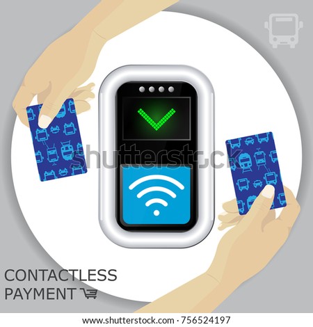 Circle background and Terminal  with hands and transport ticket cards. Contactless payment, communication technology. Near-field communication protocol. Card Payment Vector Icon.  Wireless   payment.