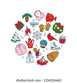 The circle background of winter objects: snowman, christmas tree, snowflake, sweater, etc. Can be used for greeting cards, invitations, flyers. Vector 8 EPS
