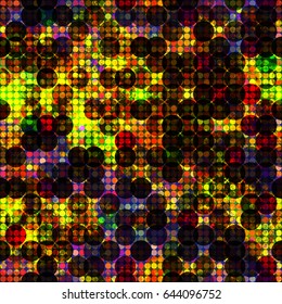 Circle background. Yellow, black, blue, red colors. Shiny elements. Seamless texture for fabric, wrapping, home decor.