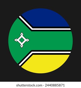 Ilustración vectorial de la bandera de Amapa de la insignia del círculo aislado en fondo negro. Símbolo del Estado de Brasil. Emblema de los distritos de Brasil. Sudamérica. Cinta patriótica con emblema de Amapa.