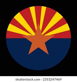 Ilustración vectorial de la bandera de Arizona con placa circular aislada en el fondo negro. Estados Unidos de América. Símbolo nacional. Banner de redondeo de la bandera de Arizona.