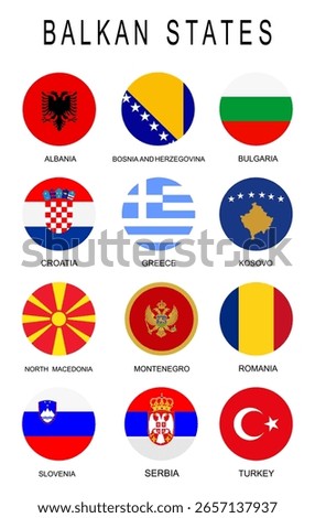 Circle badge Balkan states flag button collection vector illustration isolated. Albania flag, Bosnia, Bulgaria, Croatia, Greece, Kosovo, North Macedonia, Montenegro, Romania, Slovenia, Serbia, Turkey.