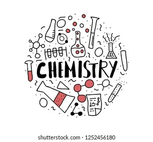 Circle badge with chemistry objects in doodle style. Science research symbols isolated on white background. Vector illustration.