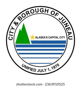 Circle badge city Juneau flag vector illustration isolated on background. Capital town in Alaska State. USA city symbol. United States of America city emblem. Button Juneau town roundel banner.