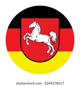 Escudo de armas de insignia circular sobre la bandera de Baja Sajonia, alemán. Indicador vectorial Ilustración de redondeo del botón Baja Sajonia aislada en fondo blanco. Banner de la provincia de Alemania, Niedersachsen. 