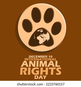 Circle badge contains image of paw icon and earth with bold text on dark brown background to commemorate International Animal Rights Day on December 10