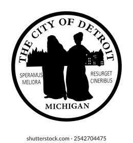 Insignia de círculo Ilustración de silueta de Vector de la bandera de Detroit aislada. Símbolo de USA City. Escudo de armas Sombra de la ciudad de Detroit, estado de Michigan. Símbolo nacional del Anuncio, sello. Ronda de Detroit.