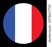 Circle badge France flag button vector illustration isolated. National symbol of France. French patriotic sign tricolor flag. State in Europe, EU member. Roundel France flag emblem banner.