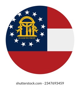 Ilustración vectorial de la bandera georgiana del círculo aislada en fondo blanco. Estados Unidos de América. Símbolo nacional de Georgia, Estados Unidos. Bandera del botón Banner de redondeo de Georgia.