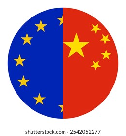 Circle badge half EU flag China button vector illustration isolated. National symbol partnership Europe Union and China, Asia. Roundel EU China flag emblem banner state. Patriotic sign partners.