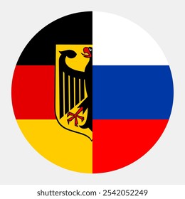 Circle badge half Germany flag Russia button vector illustration isolated. National symbol partnership between country Europe. Roundel German Russia flag emblem banner state. Patriotic sign heraldry.