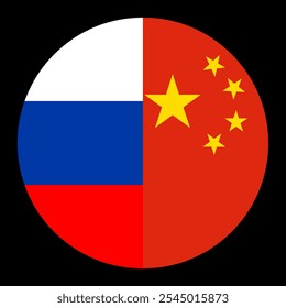 Circle badge half Russia flag China button vector illustration isolated. National symbol partnership between country from Asia and Europe. Roundel Russia China flag emblem banner state. Patriotic sign