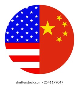 Circle badge half USA flag China button vector illustration isolated. National symbol partnership between country from America and Asia Roundel USA China flag emblem banner state. Patriotic sign.