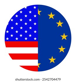 Kreiszeichen halb USA Flagge EU-Taste, Vektorgrafik einzeln. Nationale Symbol-Partnerschaft zwischen den Vereinigten Staaten von Amerika und Europa Roundel USA Europa Union Flagge Emblem Bundesstaat. Geschäftlicher Handel