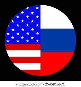 Insignia de círculo media bandera de EE. UU. Ilustración vectorial de Botón de Rusia aislada. Símbolo nacional de la alianza entre el país de América y Europa Roundel EE.UU. Rusia emblema del estado del Anuncio. Signo patriótico.