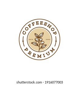 circle badge hand drawn coffee bean and leaf branch natural line stamp logo vector icon design in vintage hipster modern beautiful style, premium coffee shop bar icon